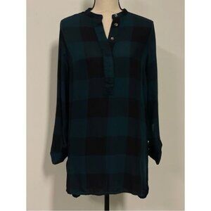 Rock & Republic Plaid 1/4 Button Tunic Length Top Green & Black Size M